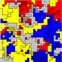 Screenshot of a GeoContest simulation with four strategies